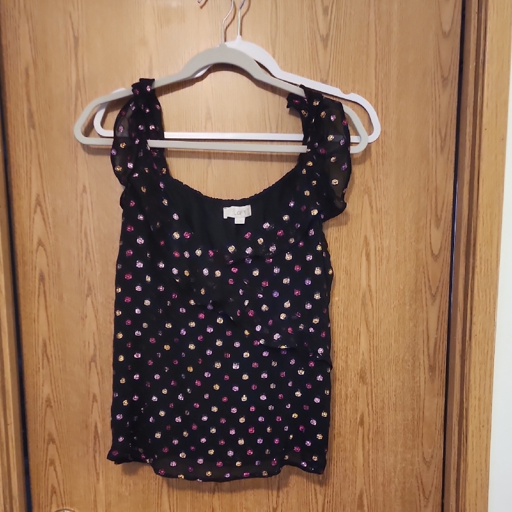 LOFT Black Blouse with Pink Polka Dots